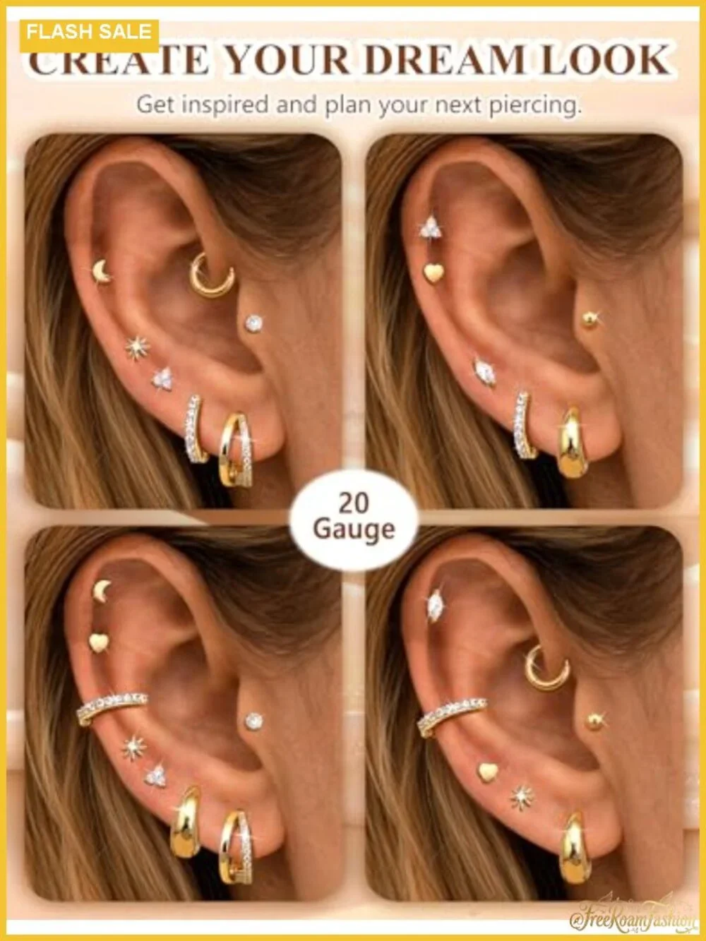 14K Gold Plated Surgical Stainless Steel Flat Back Earring Set with Huggie Hoops